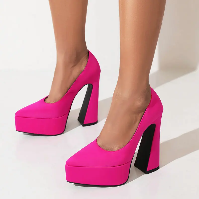 

Satin Slik Like Fabric Vamp Fuschia Bright Rose Color Pointed Toe Sexy Party High Heels Women Slip-on Shoes Platform Stilettoes