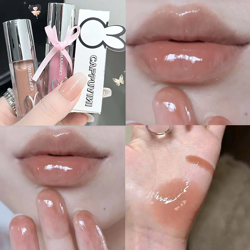 Water Light Pink Shiny Lip Gloss Lasting Moisturizing Plumper Shimmer Jelly Brown Lip Oil Reduce Liplines Liquid Lipstick Makeup
