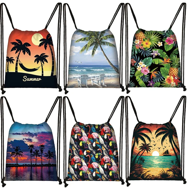 

Landscape Sunset Coconut Palm Tree Drawstring Tropical Flower Backpacks For Travel Outdoor Sport Storage Bag Shoes Holder