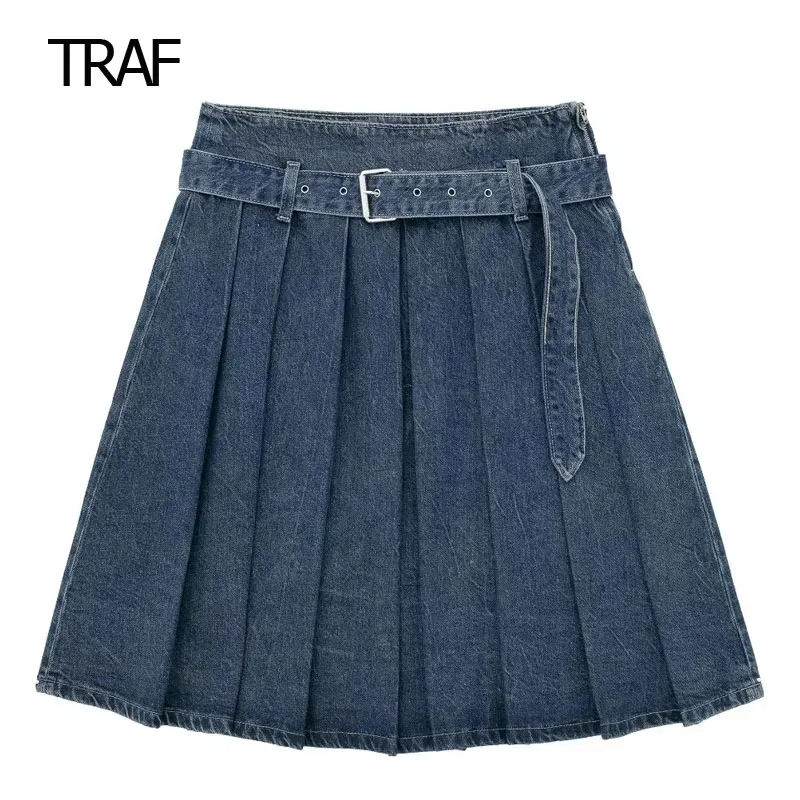 

TRAF Blue Denim Skirt Women Skirts Summer 2023 Mini Pleated Mid Waist Short Skirt With Belt Chic And Elegant Evening Party Skirt