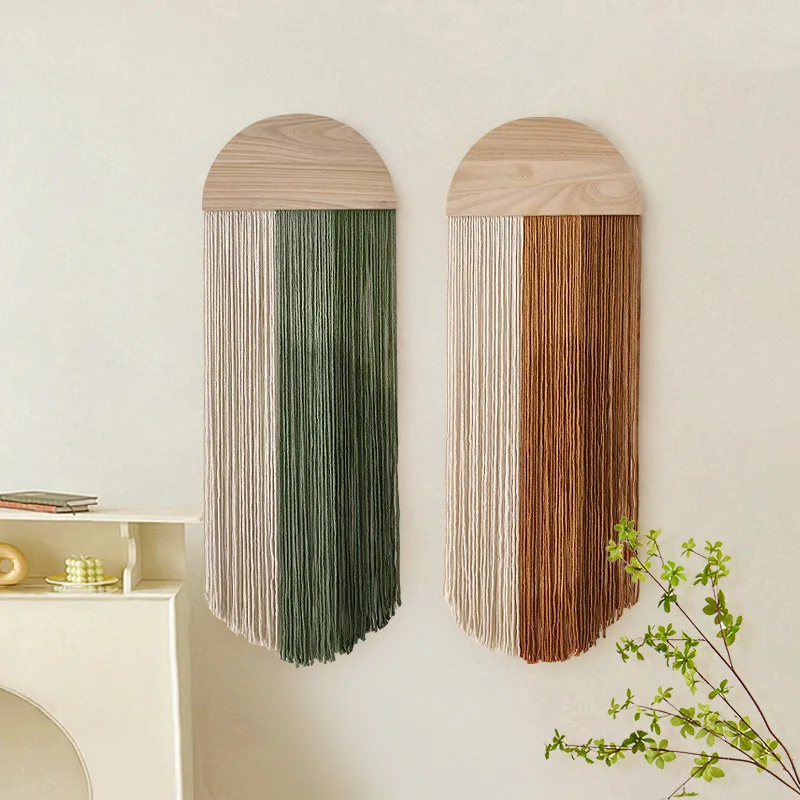 Creative tapestry, hand woven semi-circular wooden board, tassel tapestry, living room, homestay, wall hanging, wall decoration - 2