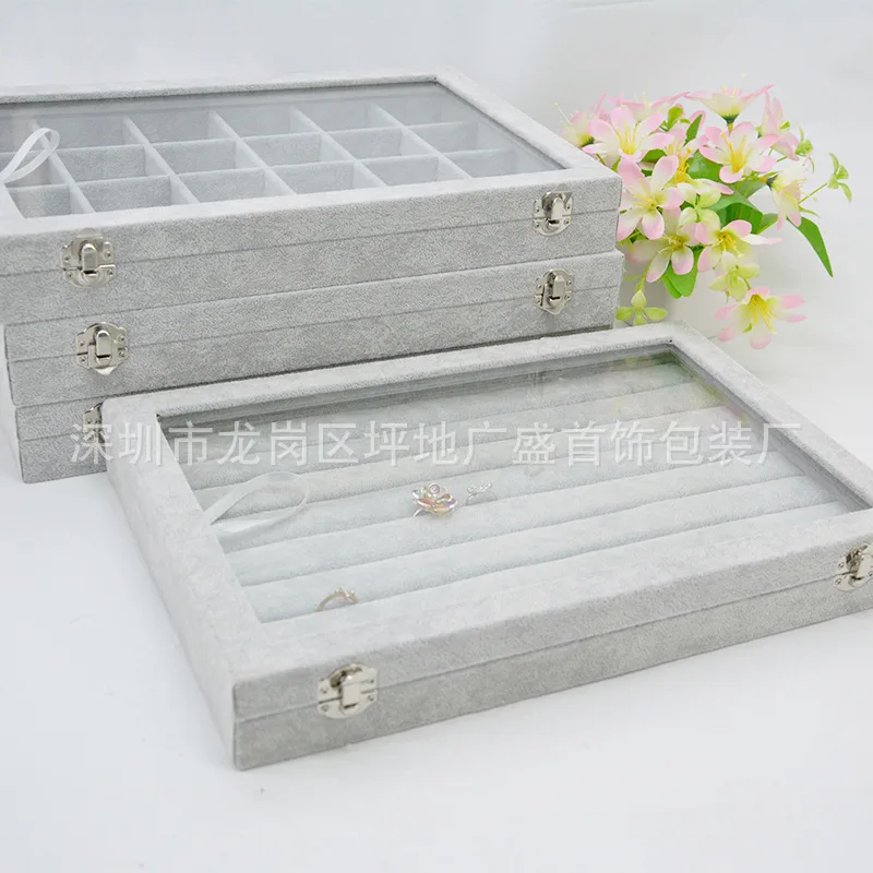 Velvet Jewelry Displaying Trays Jade Brooch Breastpin Earring Ring Organizer Holder Drawer with Glass Lid Window Showcase Gifts