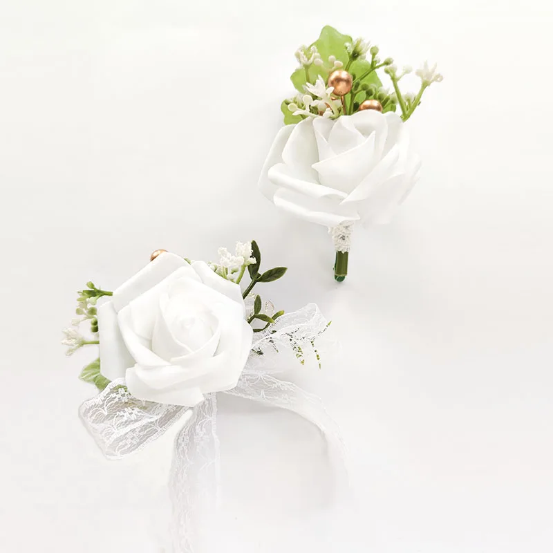 Männer Knopfloch weiße Schaum Rosen Hochzeit Zubehör Blumen künstliche Handgelenk Corsage Armband Brautjungfern Ehe Braut Schwester