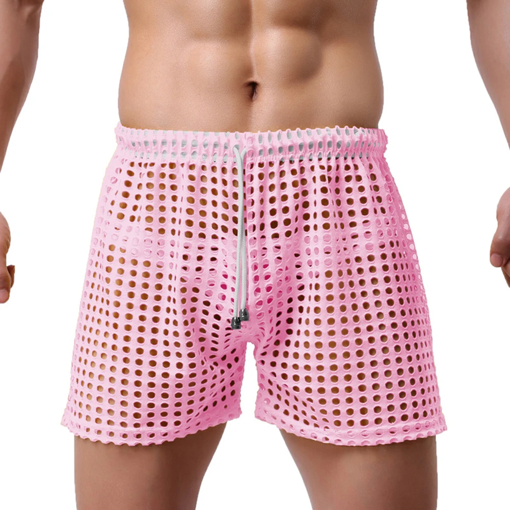 

Mens Mesh Sheer Boxer Trunks Sexy Hollow Shorts Elastic Lounge Underwear See Through Breathable Net Night Clubwear