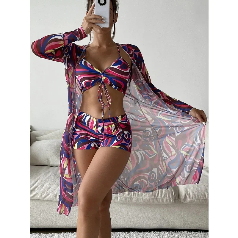 Women's 3 Piece Swimsuit Floral Print Drawstring Ruched Halter Bikini Set Shorts Bathing Suit Kimono Cover Up Summer Beachwear