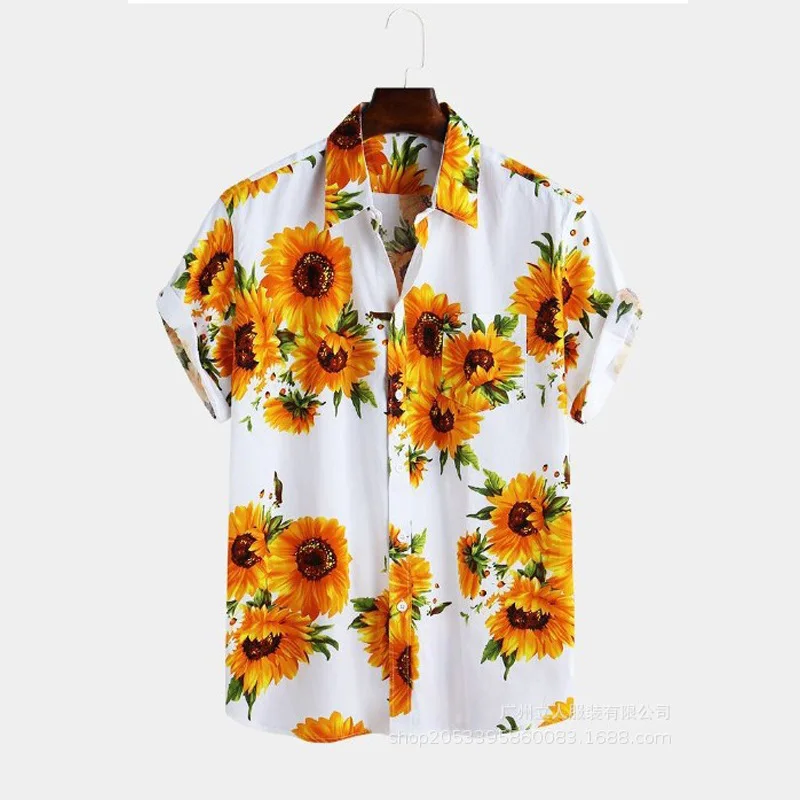 Mens Ethnic Short Sleeve Beach Hawaiian Shirt Tropical Summer Cotton Linen Printing Hawaiian Button Down Shirts Plus Size