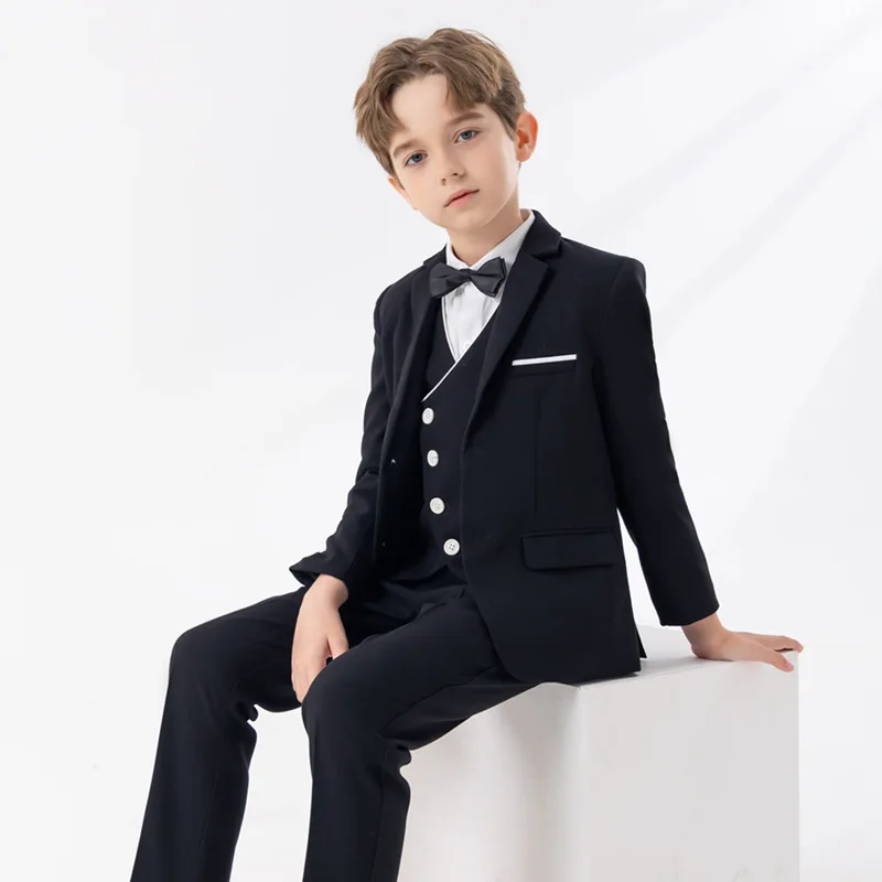 Boys Suit Burgundy Jacket Vest Pants Bowtie Photograph Suit Children Piano Party Dress Gentleman Kids Ceremony Performance Costume