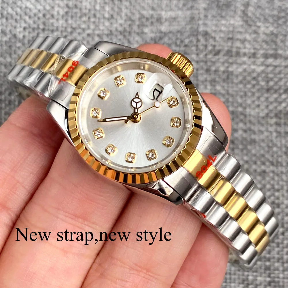 

26mm Two Tone Luxury Ladies Black Watch Diamond Dial Sapphire Glass Date NH05 Automatic Casual Watch Mini Design Fluted Bezel