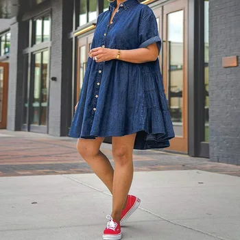 Spring/summer Plus-size Denim Dress. New Girly Style Loose and Comfortable Casual Lapel Denim Short Sleeve Elastic Shaggy Dress