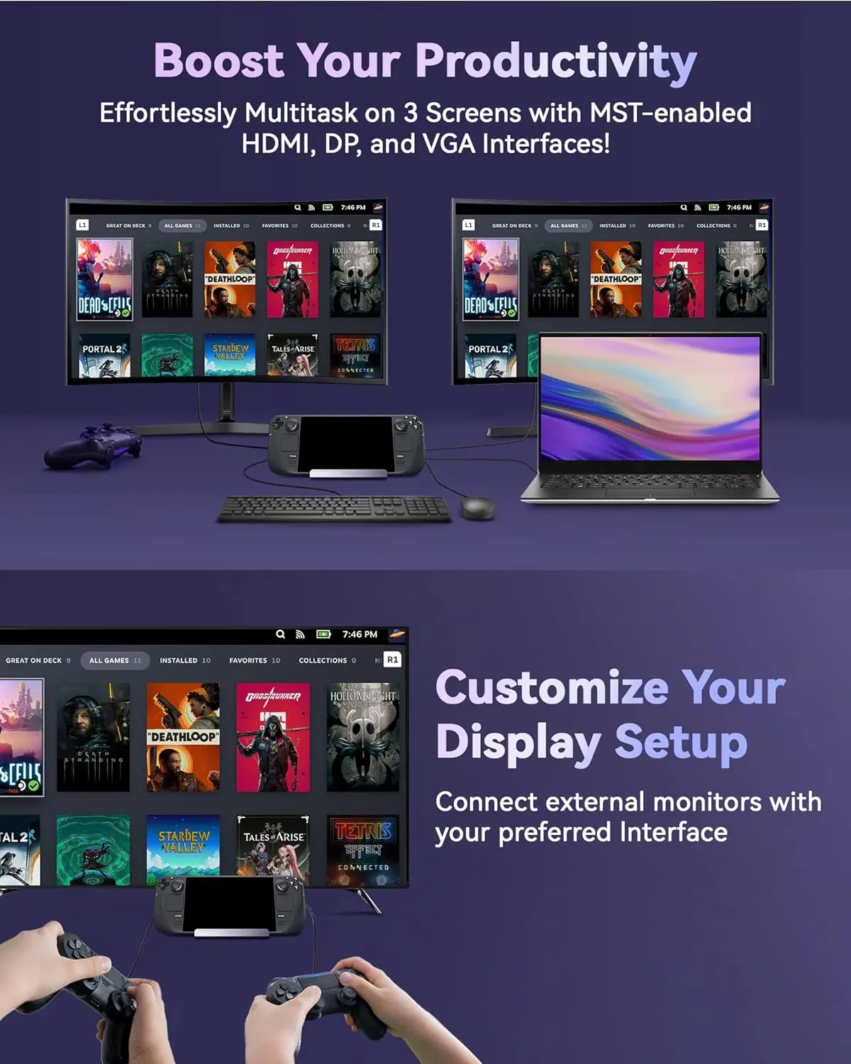 Steam Deck Dock with Dual Cooling Fans, 11-in-1, DP1.2 and HDMI 2.0, 4K @ 60Hz, VGA, 6 USB Ports, Gigabit Ethernet, USB Charge