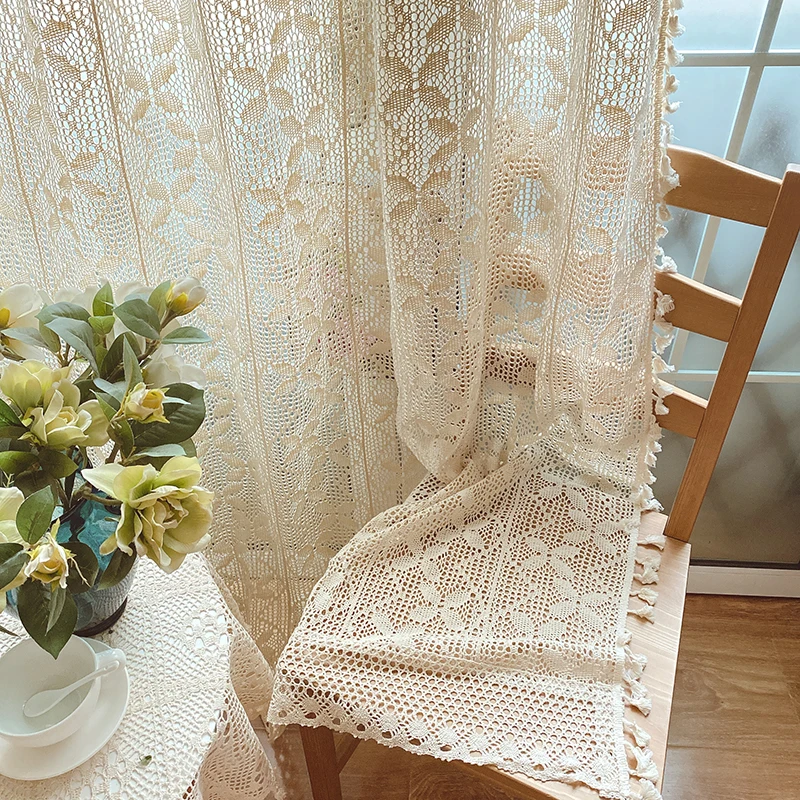 

Beige Retro Vintage Cotton Hollow Leaves Crochet Bedroom Curtains with Side Tassels Voile Tulle Curtains for Living Room Drape#4