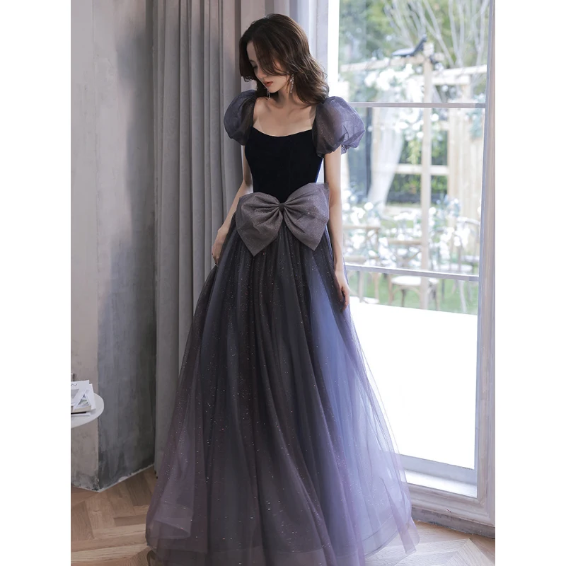 

Evening Dress for Women Chiffon Patchwork Layered Gradient Blingbling Tulle Puff Sleeve Square Collar Floor-Length Prom Gown