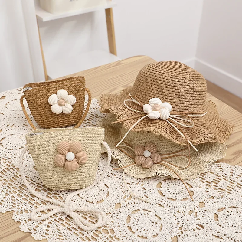 Kids Girls Flower Summer Caps Fashion Children Sunscreen Sun Hat Straw Hat Bag for Beach Baby Accessories for 2-8 Years Kids