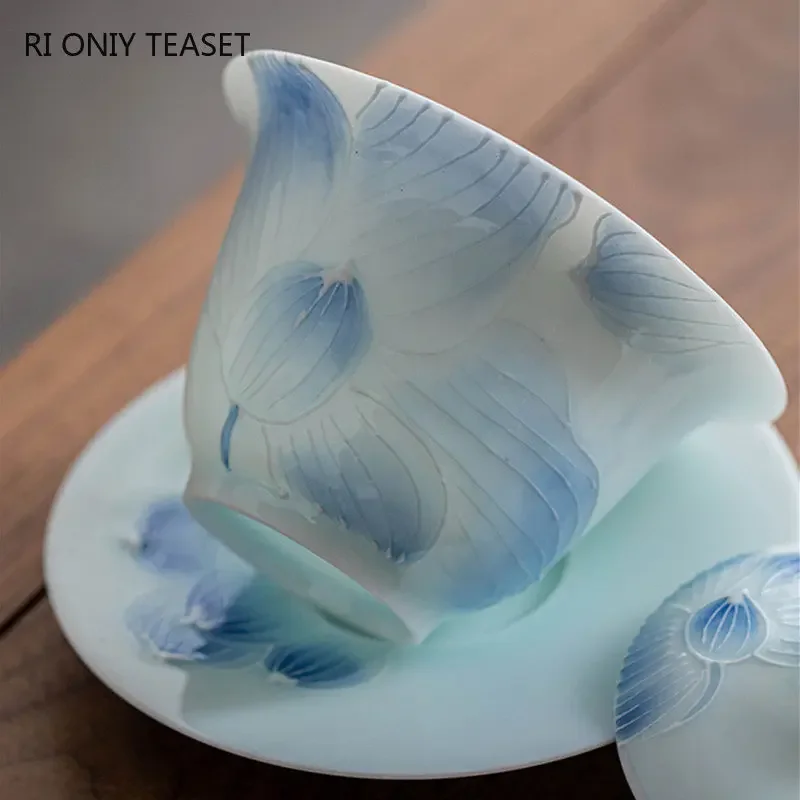 140ml Chinese Hand-painted Lotus Flower Ceramic Tea Tureen Teacup Portable Gaiwan Set Handmade Porcelain Tea Bowl Home Set