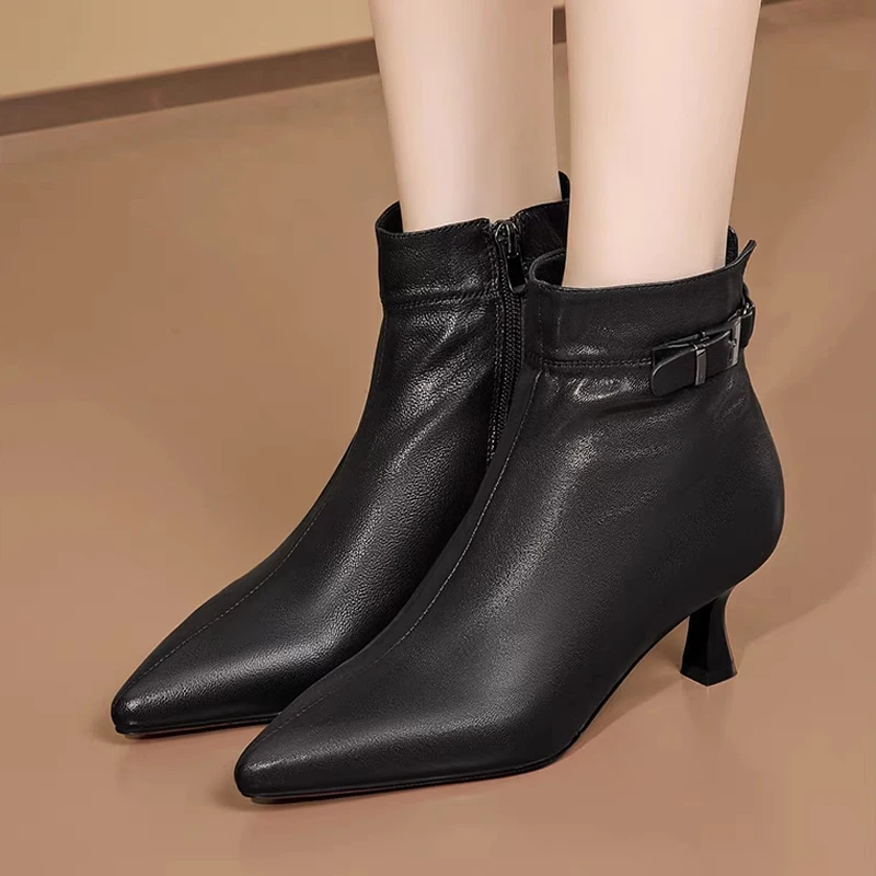 Women's Shoes 2024 High Quality Belt Buckle Women's Boots Fashion Side Zipp Office Career Sexy Ladies Pointed Toe Ankle Boots