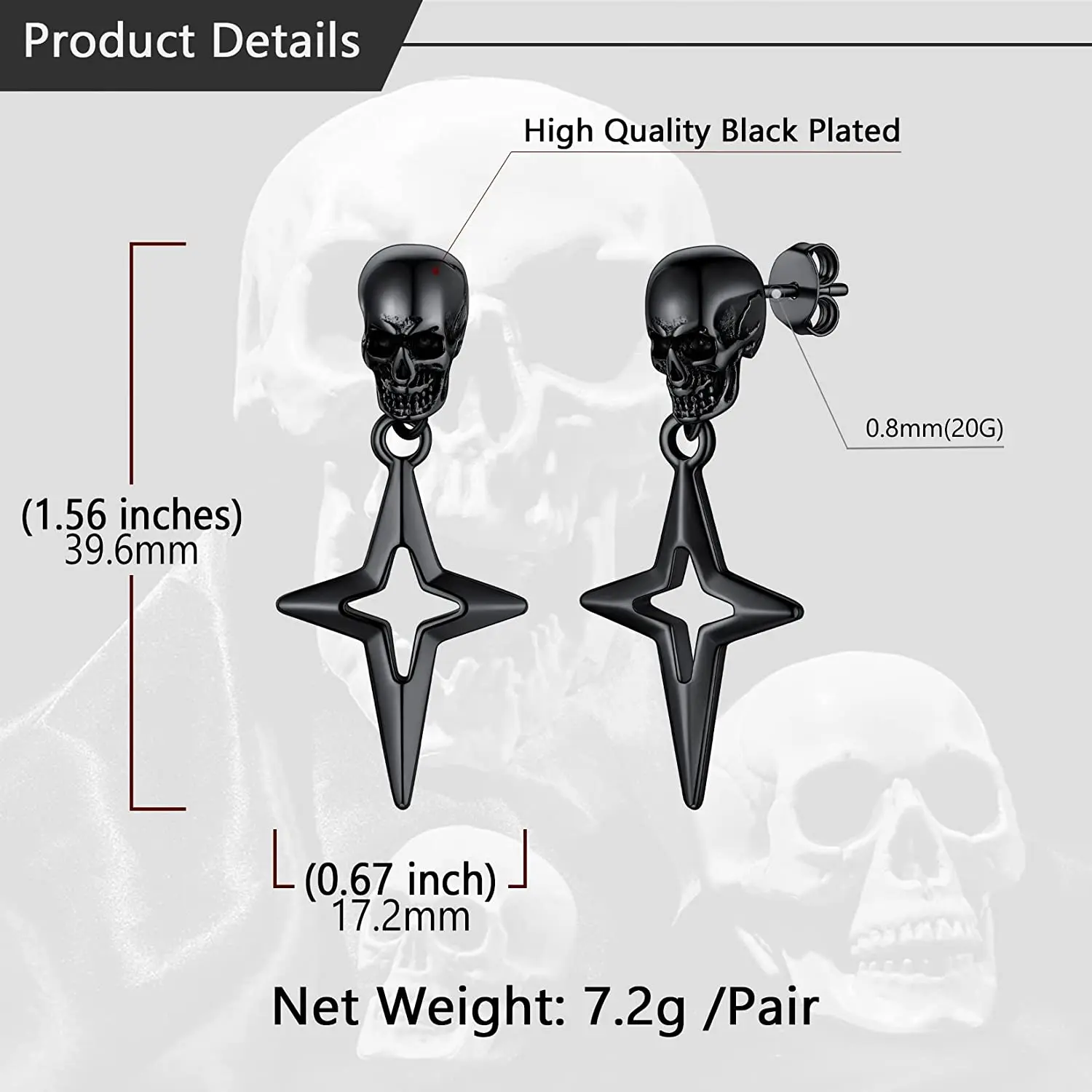 Stainless Steel Skull Head Star Dangle Earrings-Animals Aso