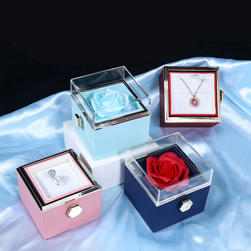 

1PC Rotating Preserved Flower Valentine's Day Marriage Proposal Rose Jewelry Box Creative Design Eternal