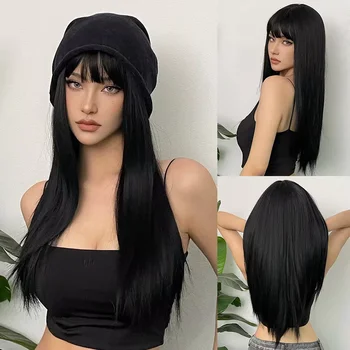 Synthetic Hair Wigs with Full Bangs Black Natrual Long Straight Women' Wig Heat Resistant Synthetic No Lace Wigs for Fashion Wig