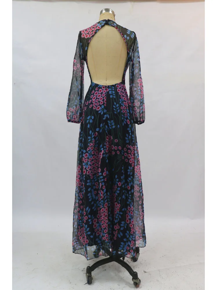 Sexy Backless Bohemian Print Dress Maxi Dress Women\'s Travel Holiday Backless Floor-length Dress Daisy-print Beach Party Dress