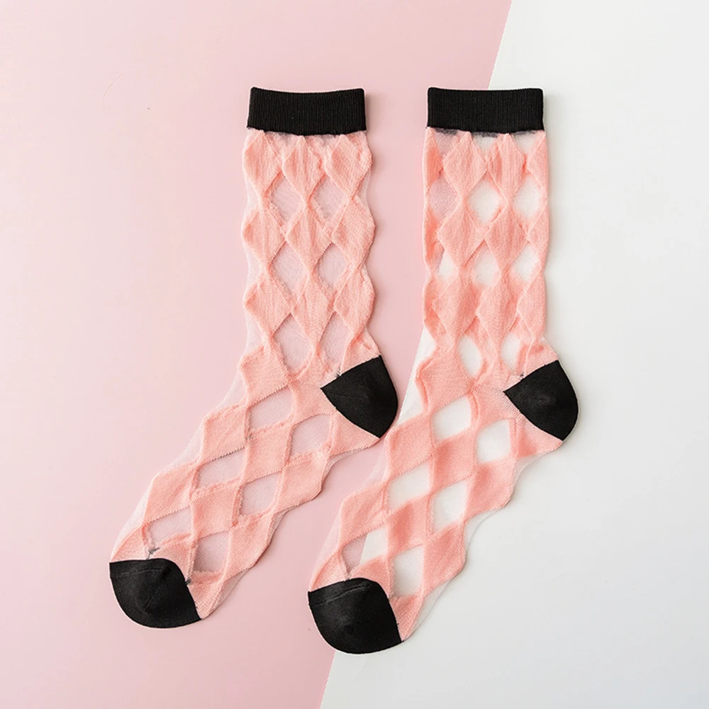 Transparent Crystal Women Cotton Socks 6Pairs Harajuku Fashion Rhombus Lattice Pattern Lace Breathable Girls Kawaii Cute Socks