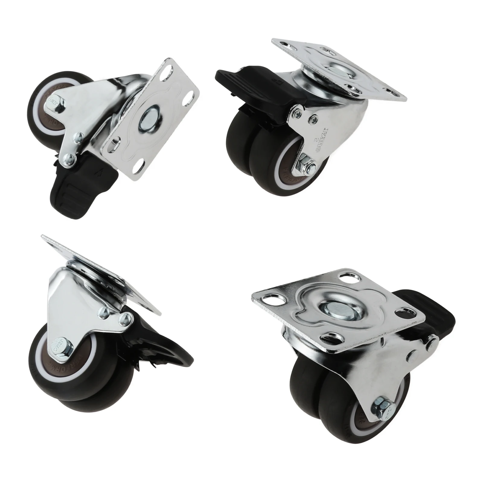 4pcs Swivel Casters with Brake 2 Inch Rubber Flat Bottom Double Row Wheel 2-wheeled 360 Degree Rotation TPR Rubber 50mm Diameter