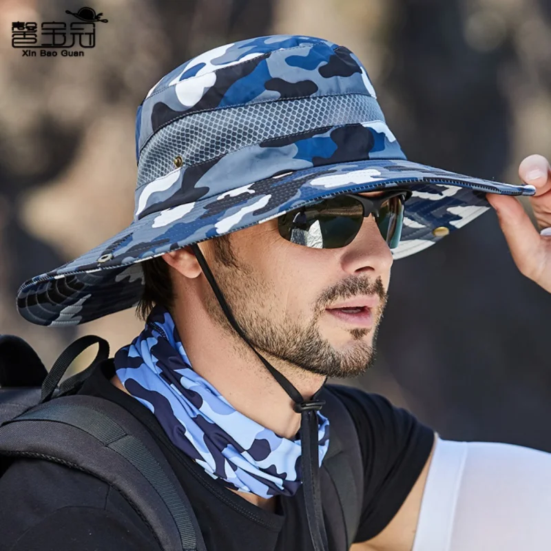 Summer Men's Hat Breathable Sunshade Outdoor Fishing Hunting Hats Sunscreen Solid Color Fisherman Bucket Wide Brim Cap