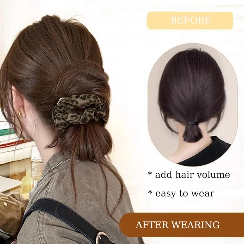 Synthetic Messy Hair Bun Wig Hair Extensions Claw Clip Updo Hairpiece with Leopard Print Hair Tie for Women Daily Use Low Updo