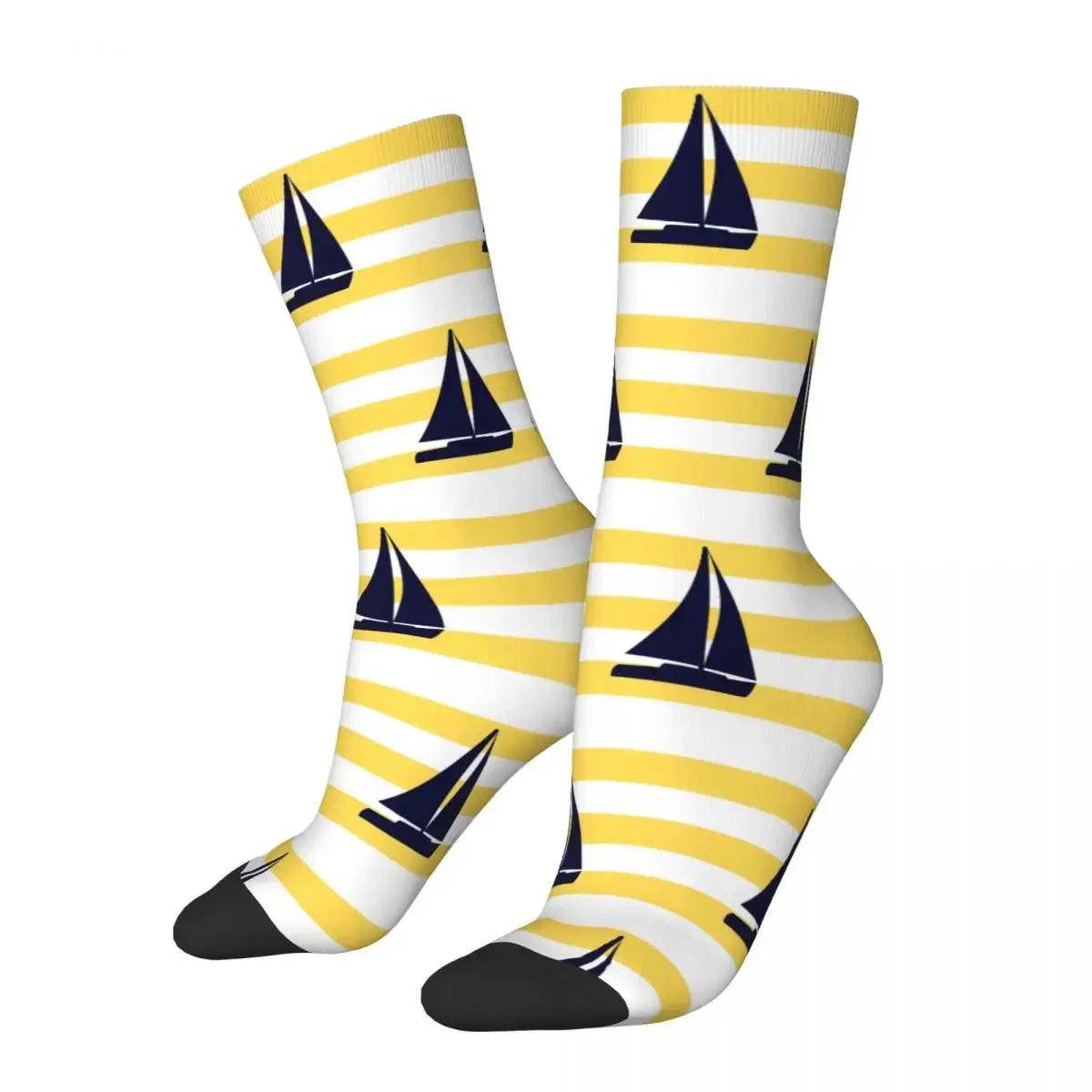 

Nautical Navy Blue Sailboat On Mustard Yellow Stripes Socks Harajuku Funny Hip Hop Long Socks for Men Women Christmas Gifts
