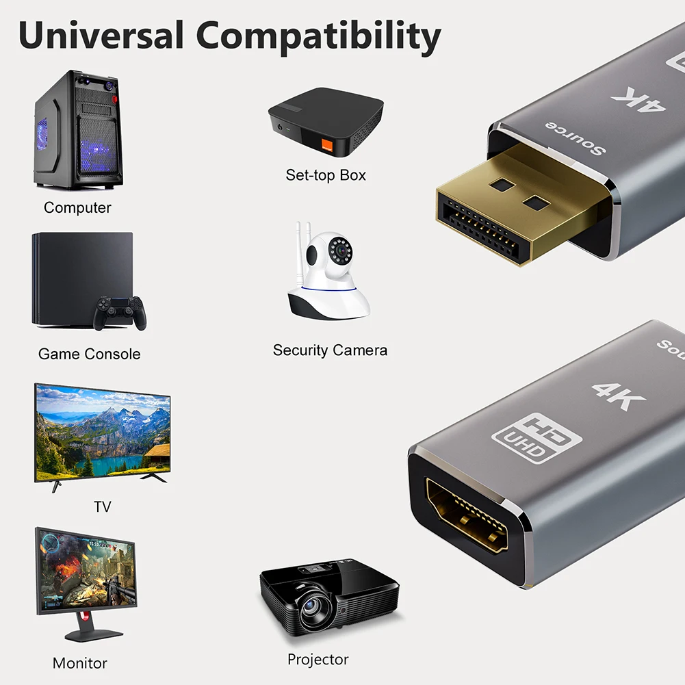 4K 디스플레이 포트 HDMI 호환 커넥터, DP 디스플레이 포트 HDMI 호환 어댑터, 모니터 PC 노트북용, 30Gbps