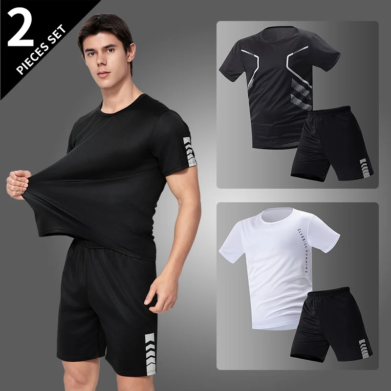 Men's Quick-drying Sports Short-sleeved Suit 2-Piece Youth Leisure Joker T-shirt Elastic Waist Shorts Comprehensive Training sports pants