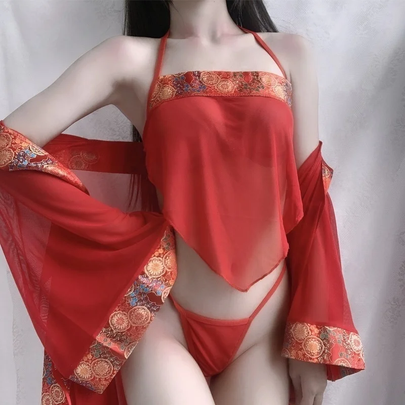 

Women's belly pocket sexy underwear lace perspective classical bridal dress passion hot suspender Pajama suit