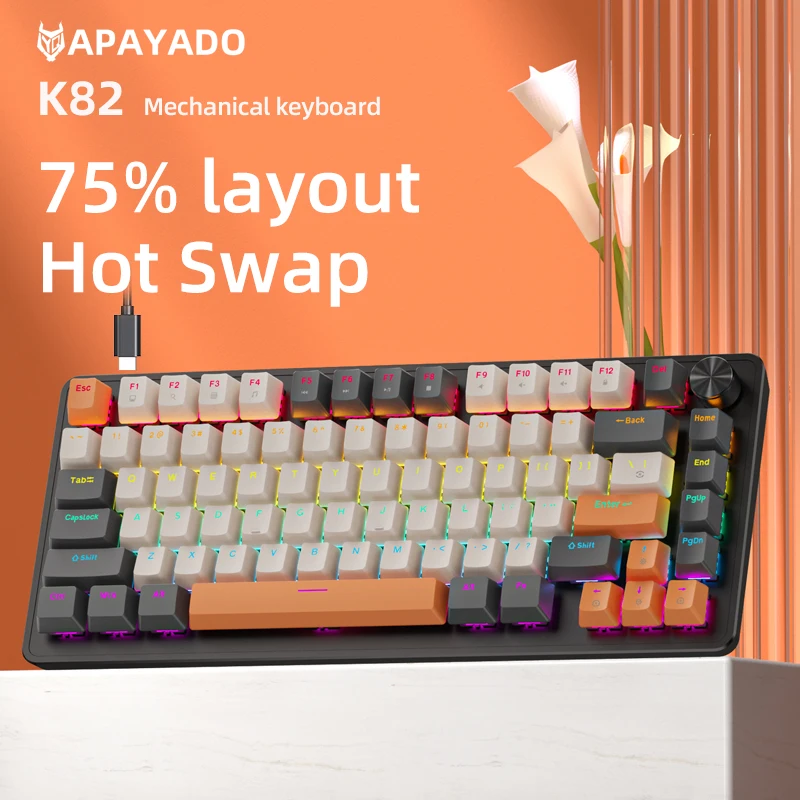 75% Mechanical Keyboard Wired with Media Knob APAYADO Black Gaming Keyboard Hot-Swap ABS Cap Transparent Character Backlighting - 6