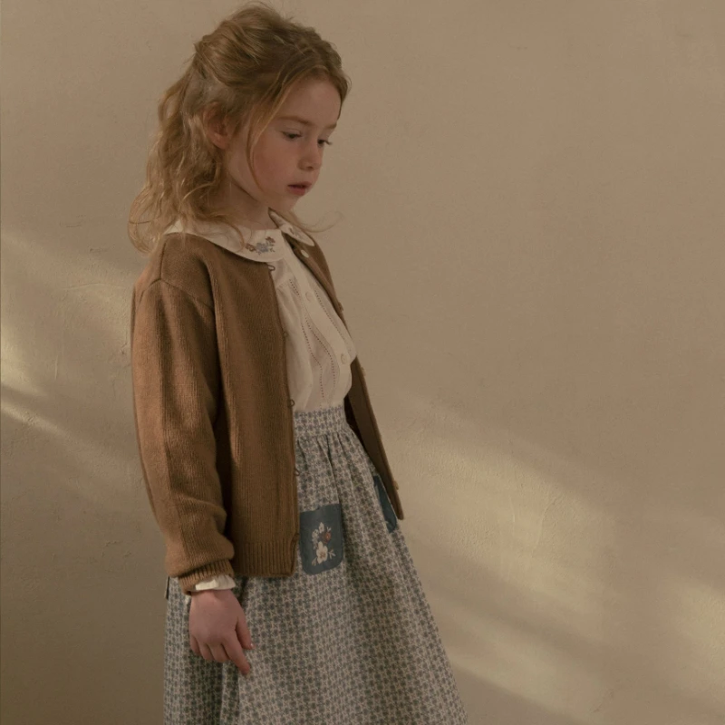 LOU 어린이용 꼬임 모양 가디건, 따뜻한 소녀 니트, 브라운 스웨터, 단색, 가을, 겨울, INS2023