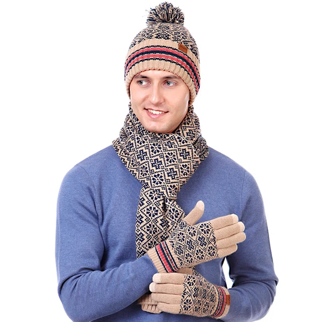 Ensemble 3 Bonnet +Écharpe+ Gants d'écran Tactile Tricoté d'hiver