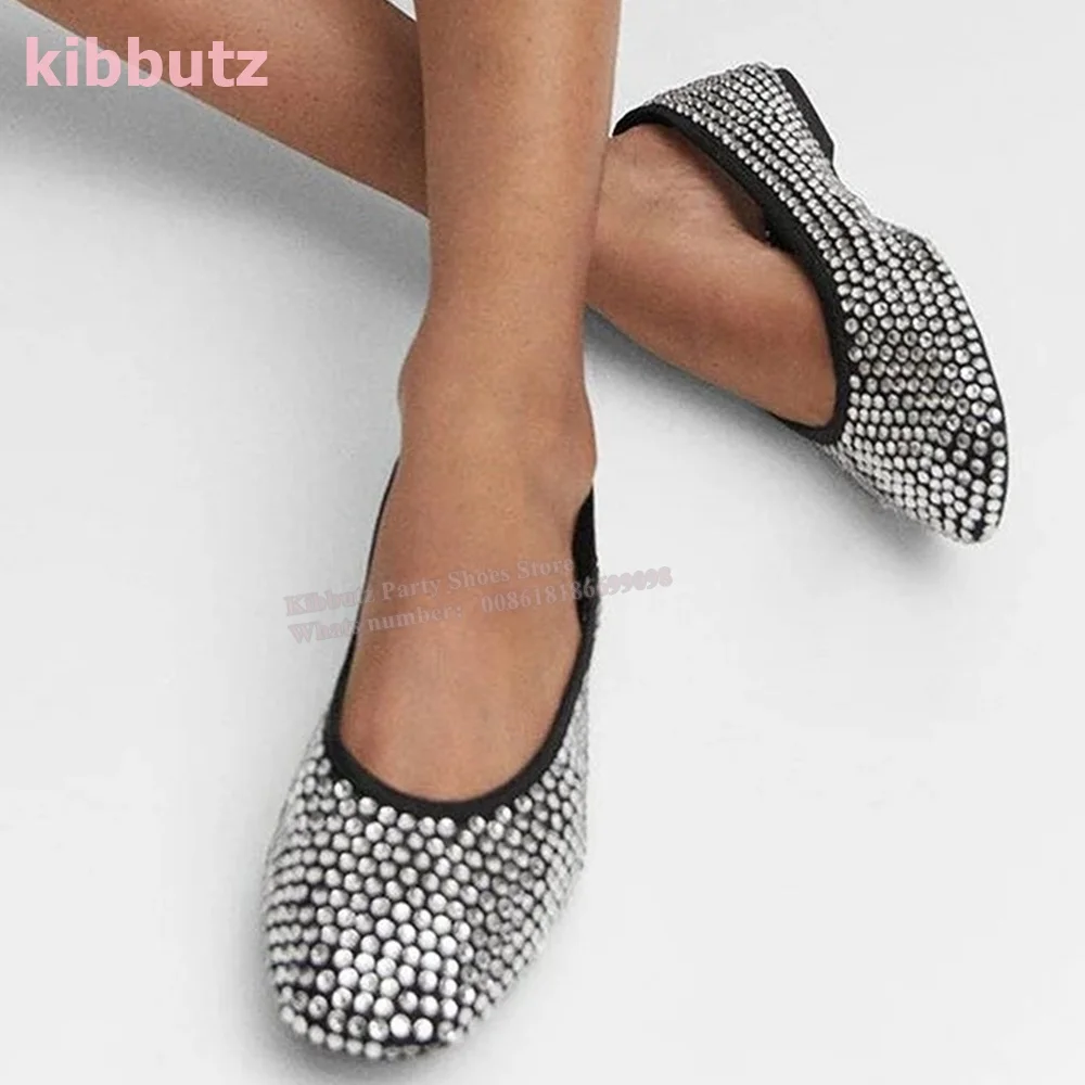

Crystal-Embellished Ballet Pumps Round Toe Flat with Glossy Solid Black Slip-On Concise Elegant Comfortable Fashion Shoes Newest