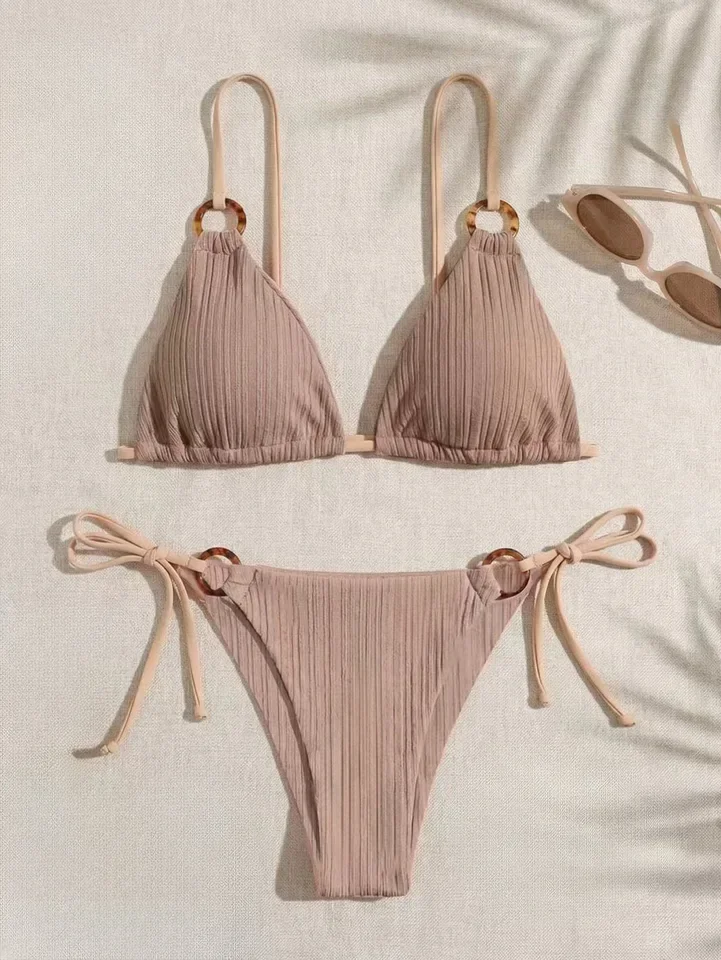 Women's Padded Three-point Bikini Set Solid Color Spaghetti Strap Hoop Sexy Swimsuit Two-piece Swimwear WirelBathing Suit 5