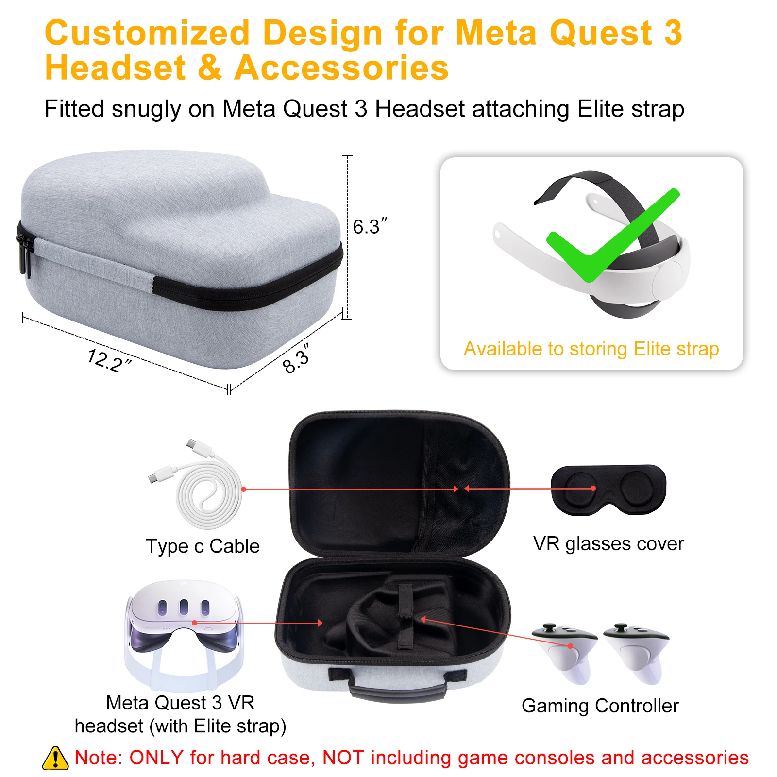 Meta Quest 3 엘리트 스트랩 VR 헤드셋용 VR 액세서리 Meta Quest 3 하드 보호 여행용 가방용 여행용 운반 케이스