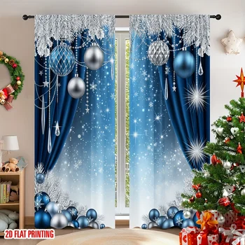 Blue Silver Christmas Holiday Curtains 1