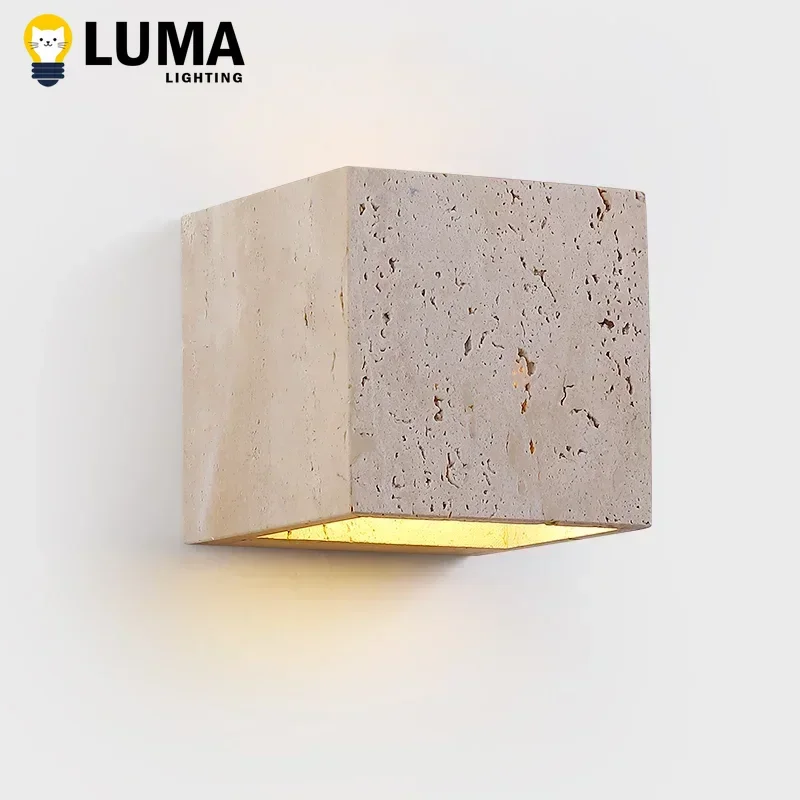 Luma Square Shape Yellow Travertine Wall Lamp for Outdoor Waterproof Courtyard Sconce Hallway Stairs Bathroom Stone Wall Lamp
