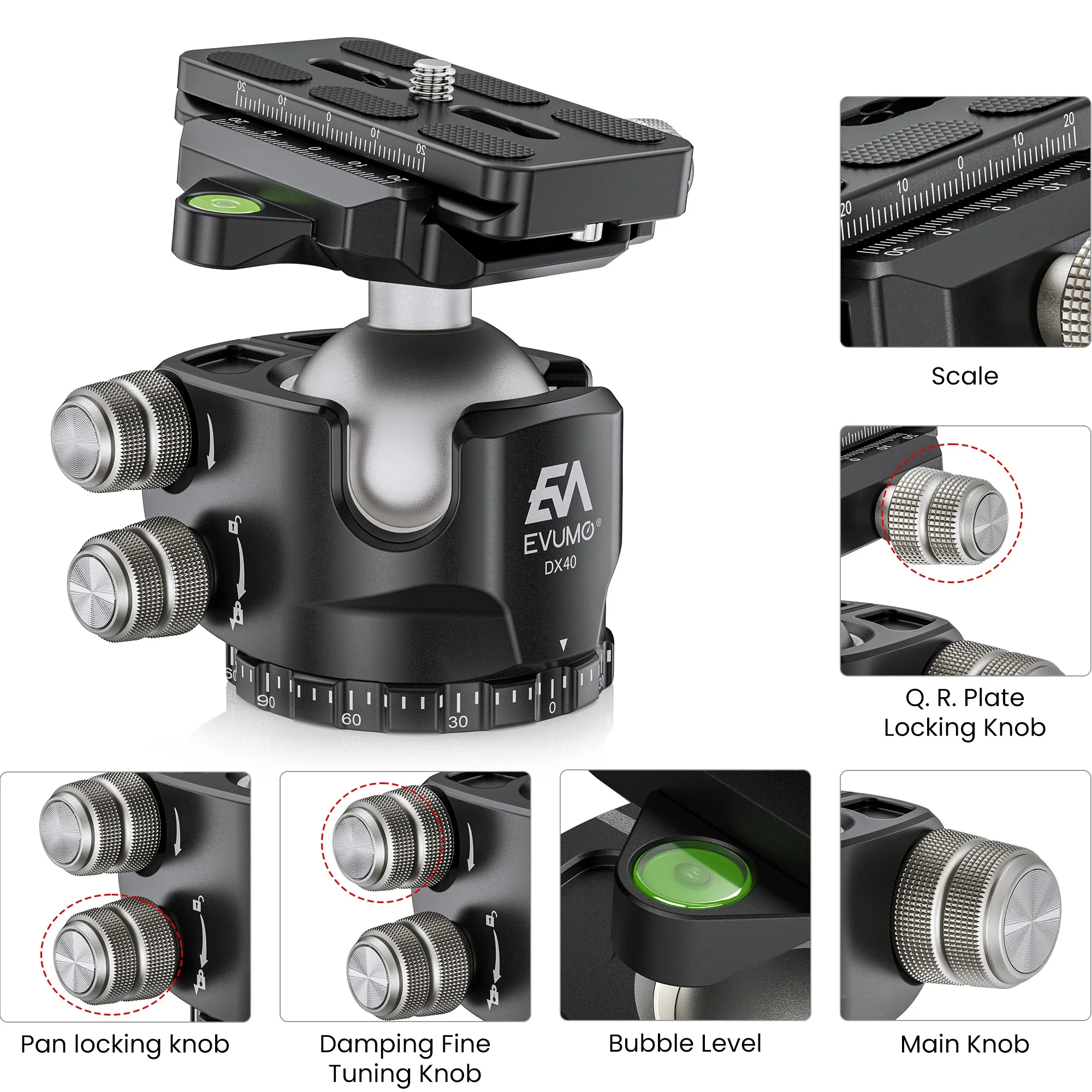 Tripod Ball Head EVUMO DX40 Low Gravity 360&deg; Panoramic 20kg Max Load for Tripod Monopod DSLR