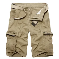 2023 Summer Men Khaki Cargo Shorts Men Casual Army Knee Lenght Shorts Male Multi-Pocket Cotton Straight Shorts No Belt 28-40
