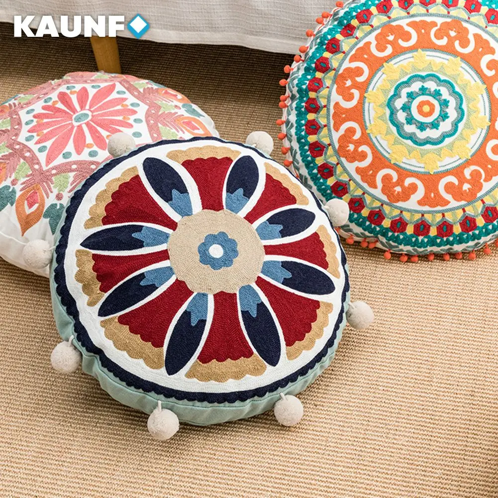 

KAUNFO Cotton Embroidered Style Sofa Chair Cushion Cover High Quality Round Pillowcases Home Decor