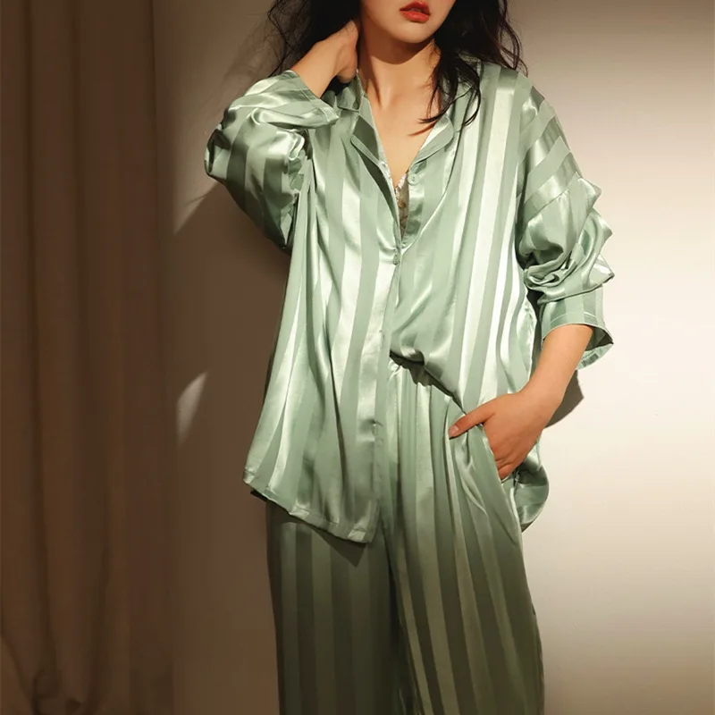 

Ice Silk Couple Pajamas for Women Spring and Autumn Summer Thin Section Long-sleeved Satin Sexy Home Clothes Nightwear Nightie