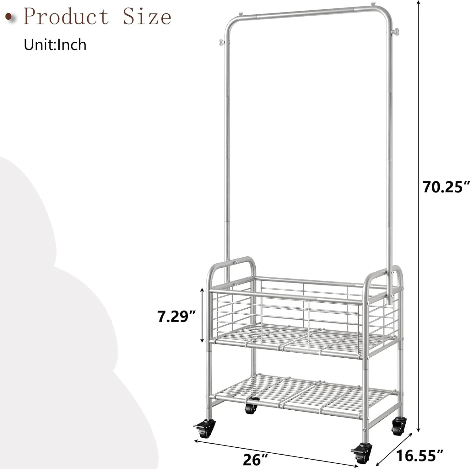 Laundry Basket with Wheels Rolling Laundry Hamper Laundry Sorter Cart Shelf Hanging Rack,Grey 5