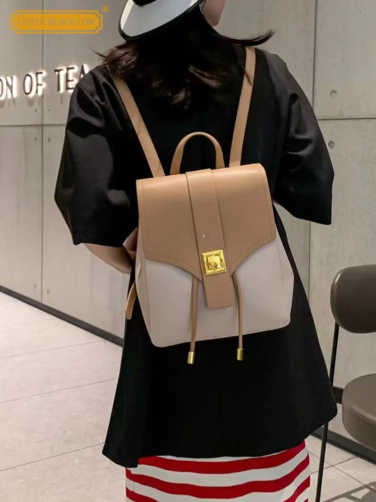 

Teenager Girls Cow Split Leather Colors Panelled Backpack Women Casual Travel Bag Hasp Flap Double Shoulder Bags School Satchel
