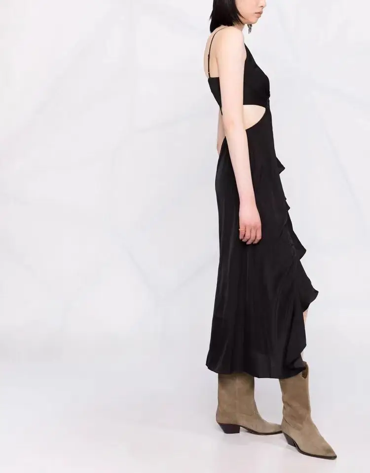 

French niche design sense, high-end slit backless dress, sleeveless suspender, sexy women's mid length skirt