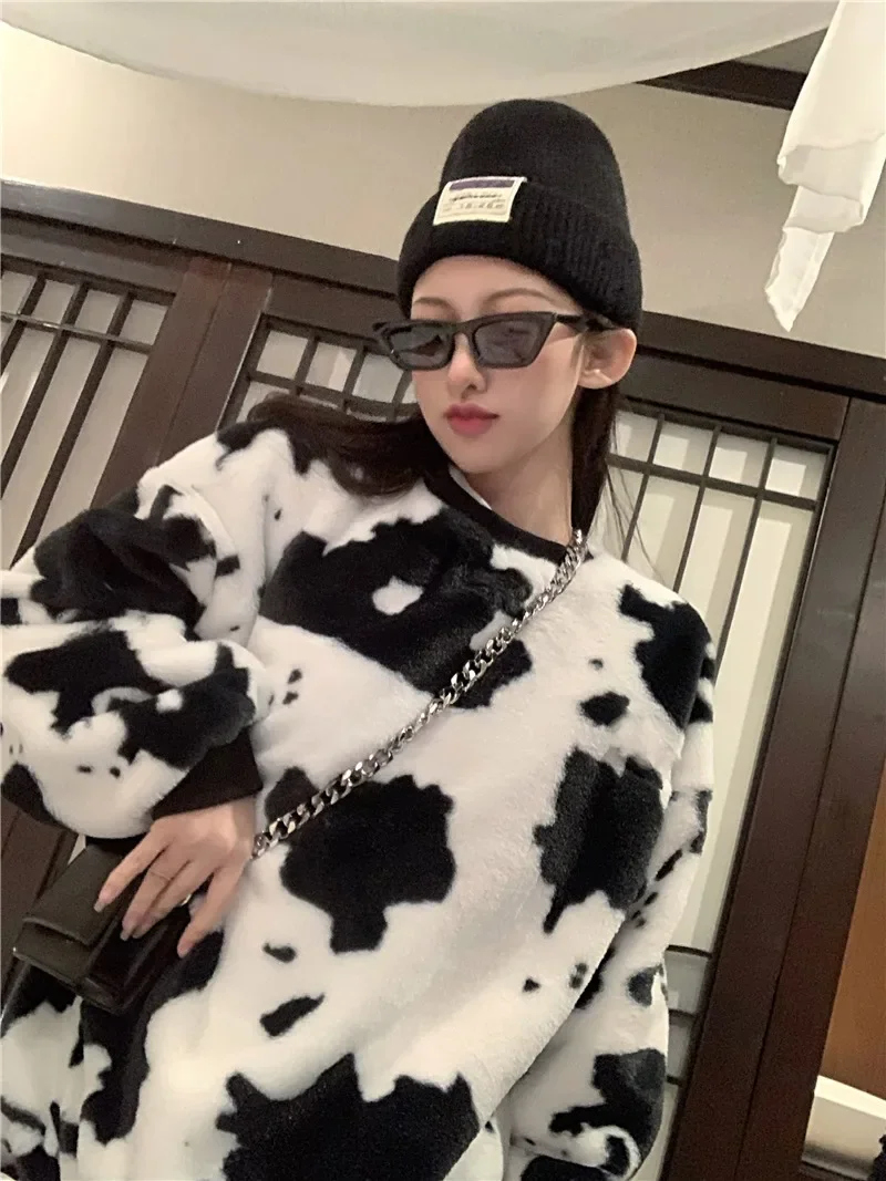 Flannel Pattern Leopard Print Long Sleeve O-Neck Retro Pullover Sweatshirt Graphic Hoodie Ladies Clothes Top Casual Winter