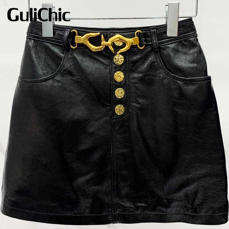

7.17 GuliChic Women Temperament Gold Button Buckle Decoration Genuine Leather A-Line Skirt