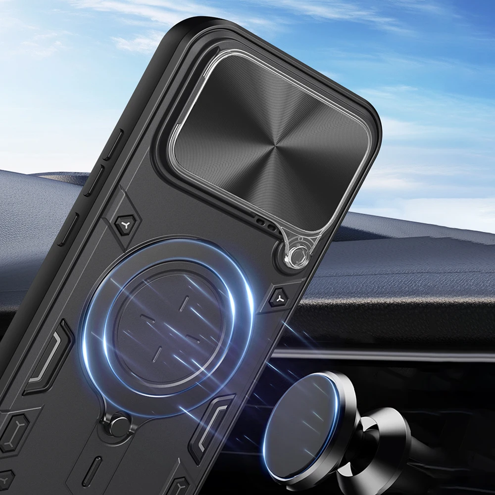 Slide Camera Shield Phone Case with Magnetic Ring Stand - Full Protection Shockproof Cover