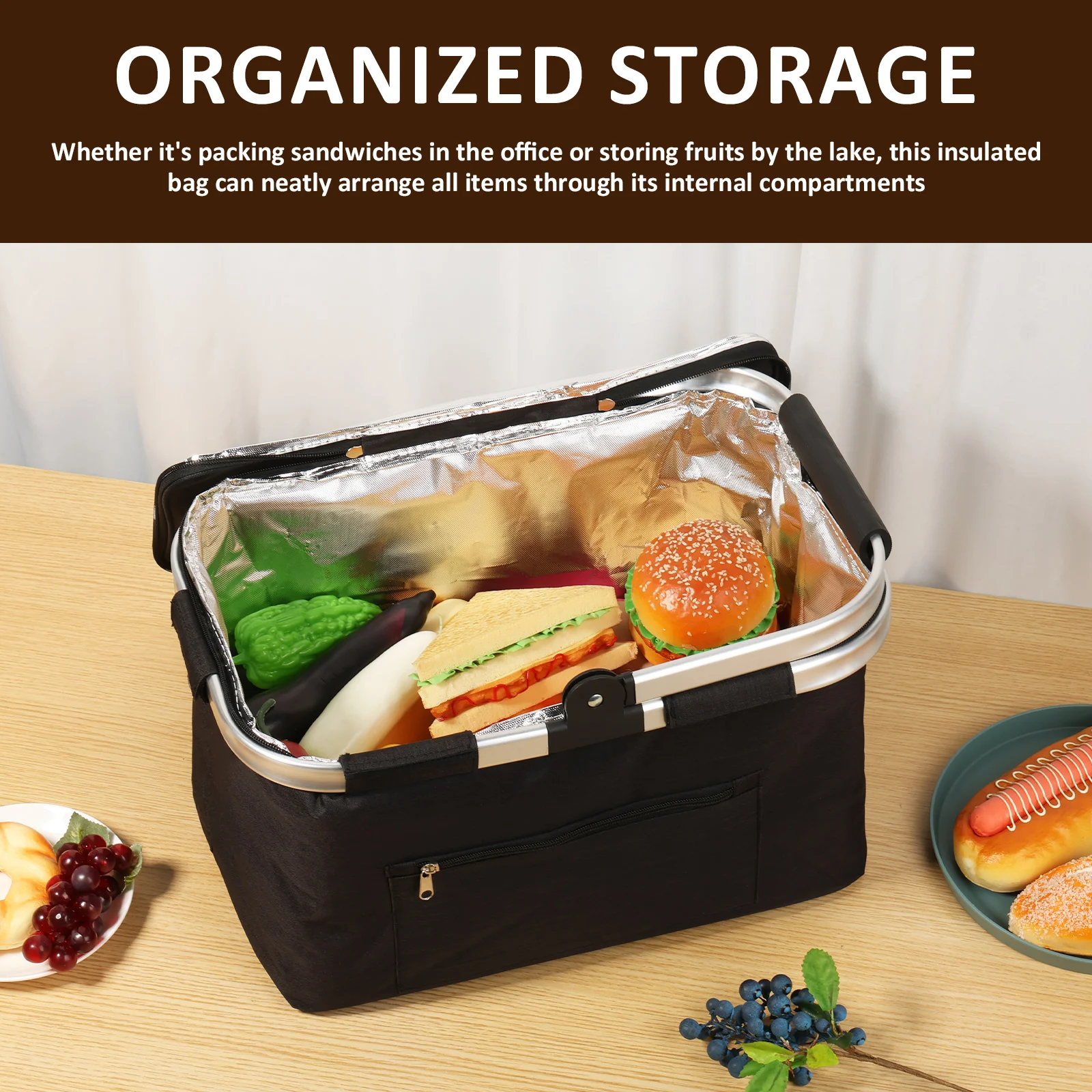 Picnic Basket Portable Folding Insulated Bag with Padded Handle and Lid Handheld Waterproof Shopping Basket for Travel Picnic